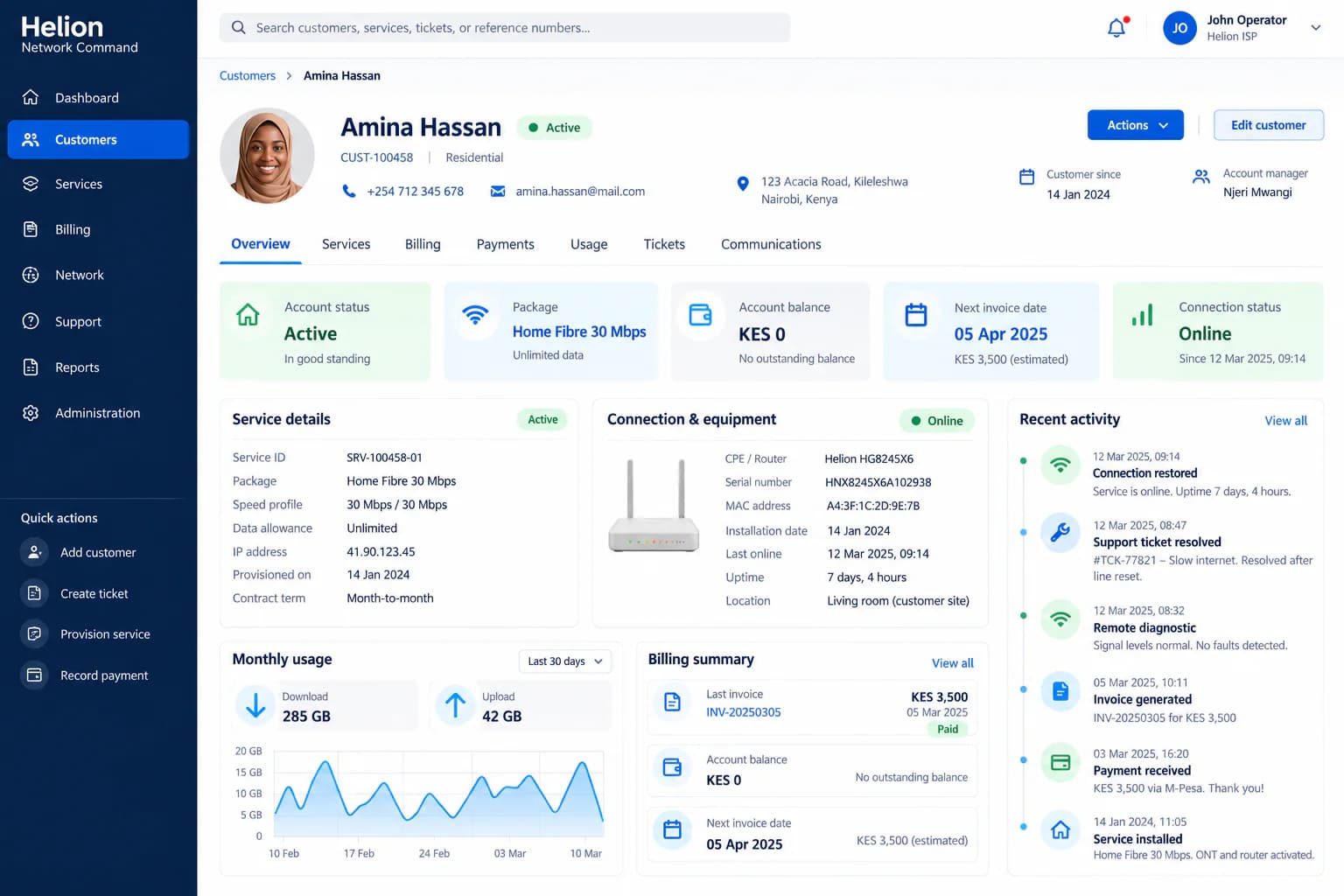 Helion ISP customer management profile with billing, connection, equipment, and support history