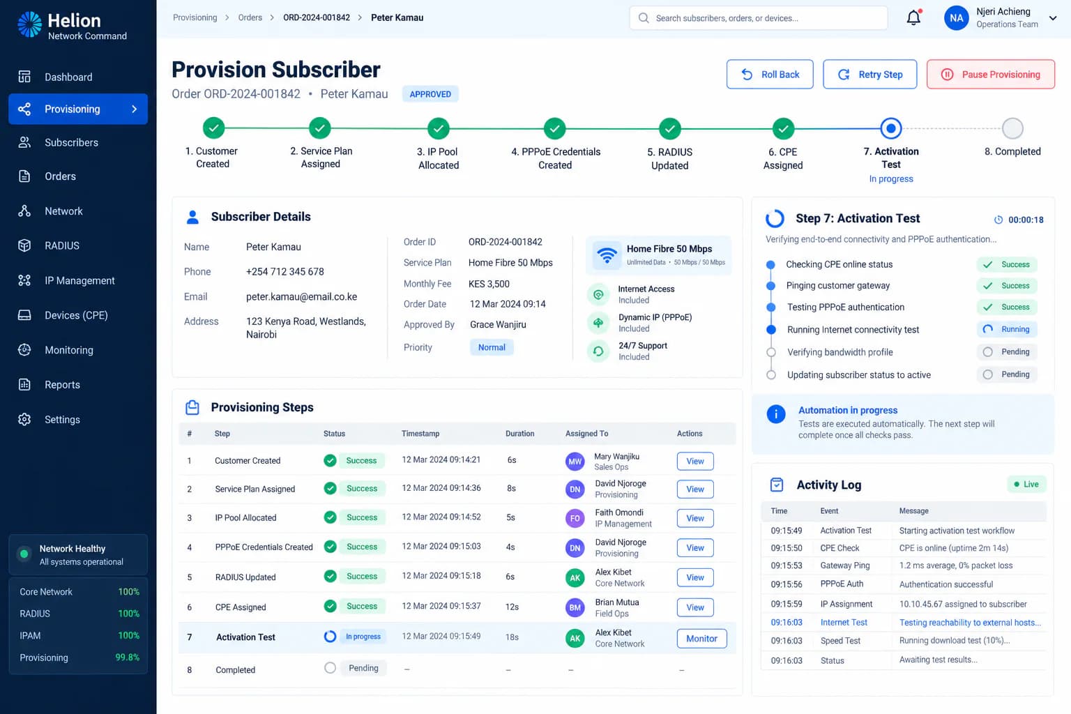 Helion automated ISP subscriber provisioning workflow
